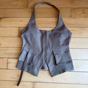 Zara Beige Tan Sleeveless Top Vest With Pockets Cargo Style Front Zipper Size S